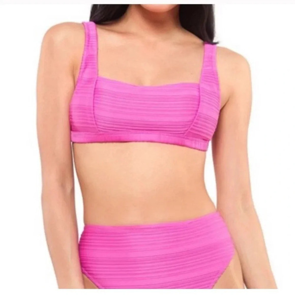 JESSICA SIMPSON Fuschia S Ribbed Tie Square Neck Swimsuit M high waisted bottoms - Picture 2 of 8